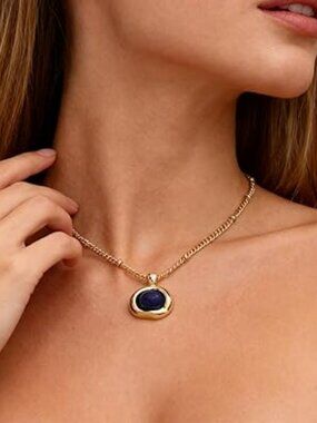 NEW Gold w Blue Stone Pendant Necklace for Women Chunky Gemstone Dangle